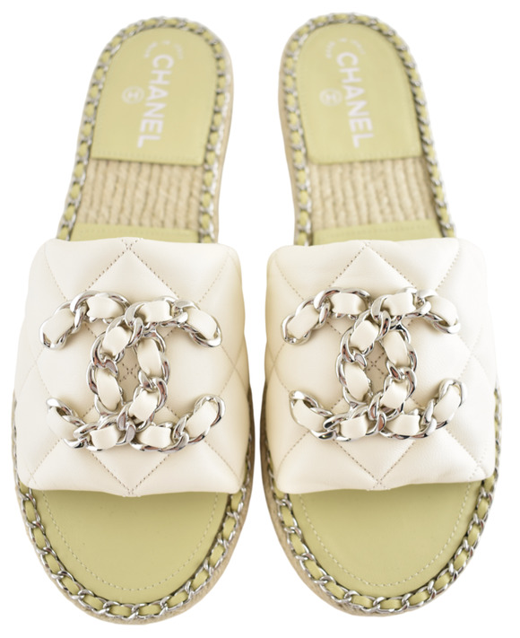 CHANEL Shoes - Chanel 25P Ivory Quilted Leather Chain CC Logo Slide Sandal Espadrille Flat 41